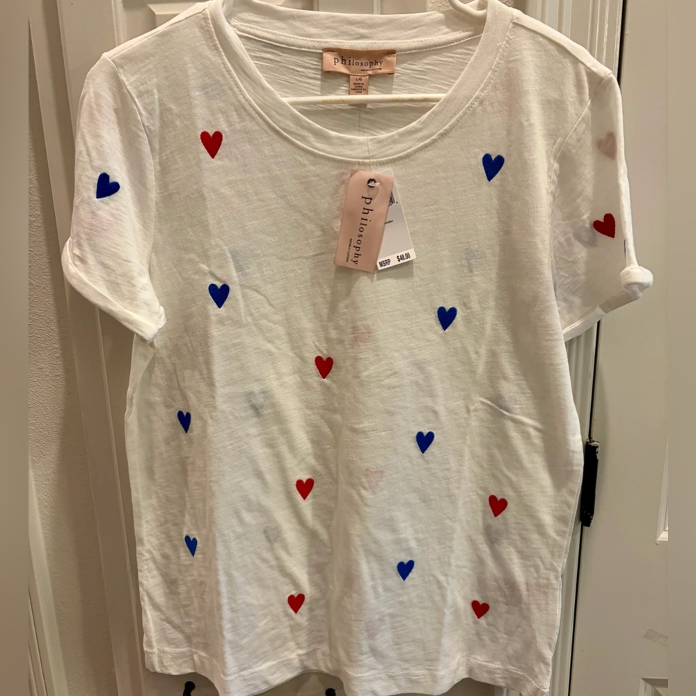 NWT PHILOSOPHY White Tee w/Red & Blue Heart Print - July 4th ready! Patriotic!